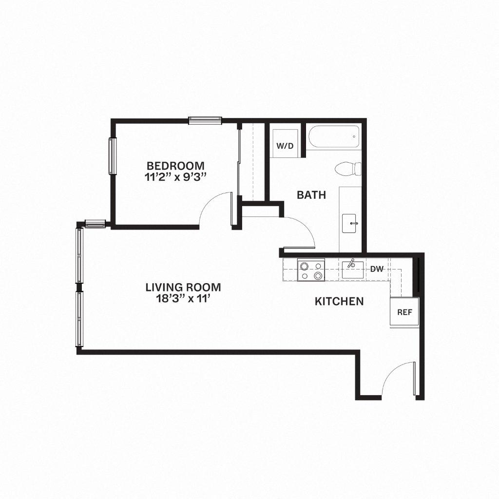 Floor plan for 1 bed, 1 bath, 632 sqft